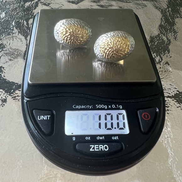 Bel Oro 18KT white Yellow Gold two tone Omega Clip pierced Earrings textured 18k - Picture 16 of 16